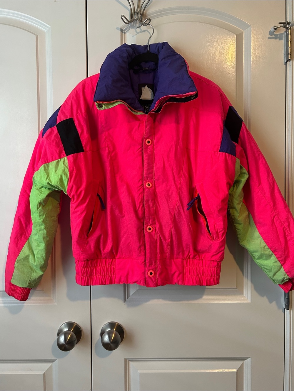 Vtg 90s Y2K Alpine Design Neon Pink Colorblock Puffer Jacket